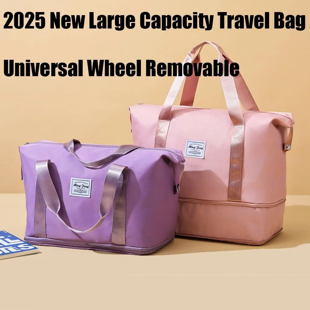 Ambitionous 2025 New Large Capacity Travel Bag - Universal Wheel Removable, Pepepo Travel Bag with Wheels, Foldable Dry Wet Separated Tote Bag with 360 Degrees Silent Universal Wheels (Fuchsia)