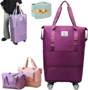 Ambitionous 2025 New Large Capacity Travel Bag - Universal Wheel Removable, Pepepo Travel Bag with Wheels, Foldable Dry Wet Separated Tote Bag with 360 Degrees Silent Universal Wheels (Fuchsia)