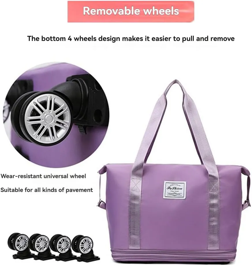 Ambitionous 2025 New Large Capacity Travel Bag - Universal Wheel Removable, Pepepo Travel Bag with Wheels, Foldable Dry Wet Separated Tote Bag with 360 Degrees Silent Universal Wheels (Fuchsia)