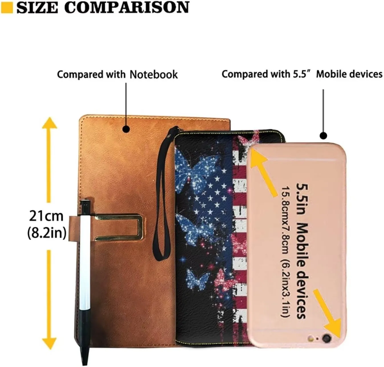 American Flag Butterfly Wallet for Womens Long Style PU Leather Zipper Long Purse PU Leather Wristlet Clutch Bag