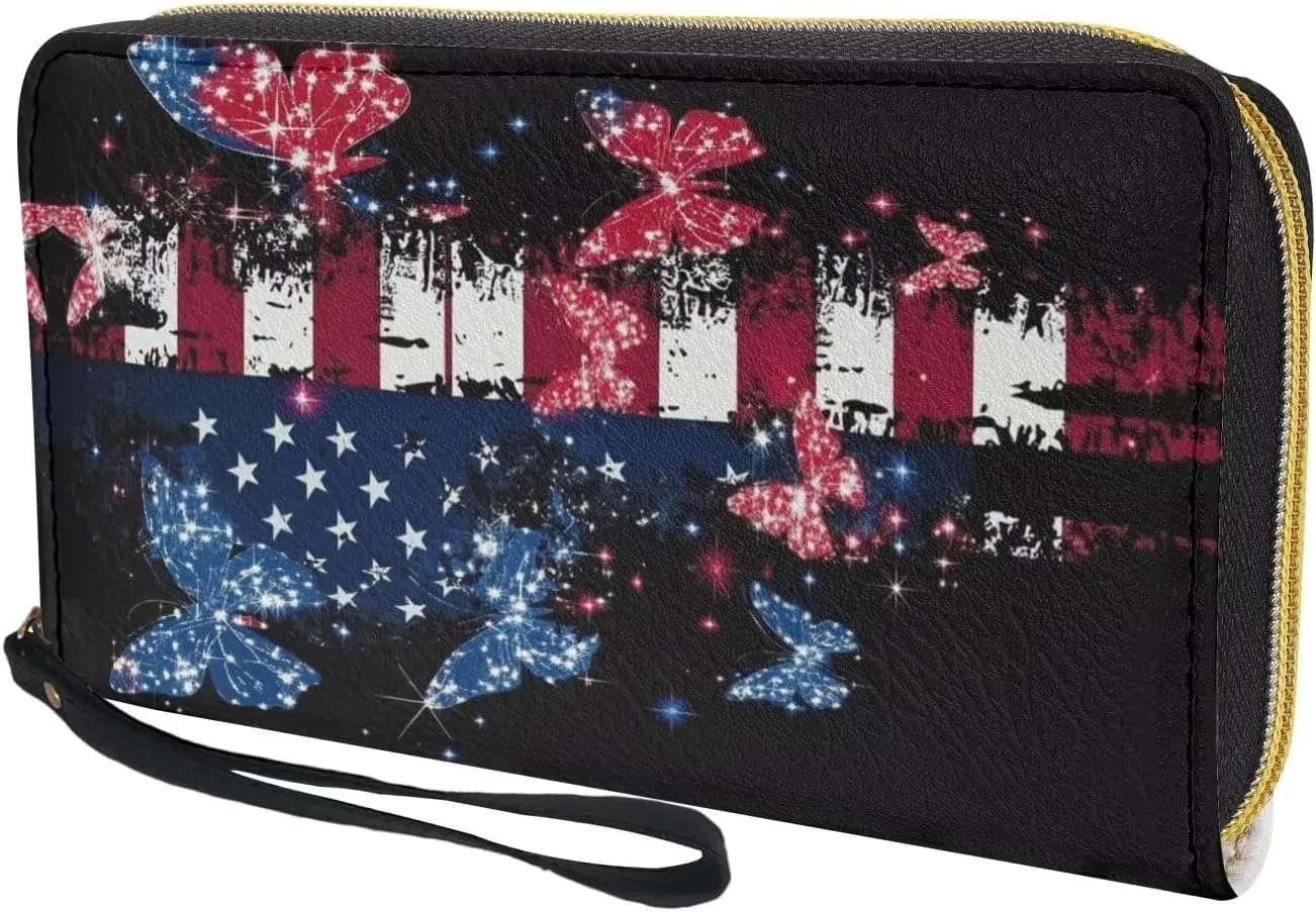 American Flag Butterfly Wallet for Womens Long Style PU Leather Zipper Long Purse PU Leather Wristlet Clutch Bag