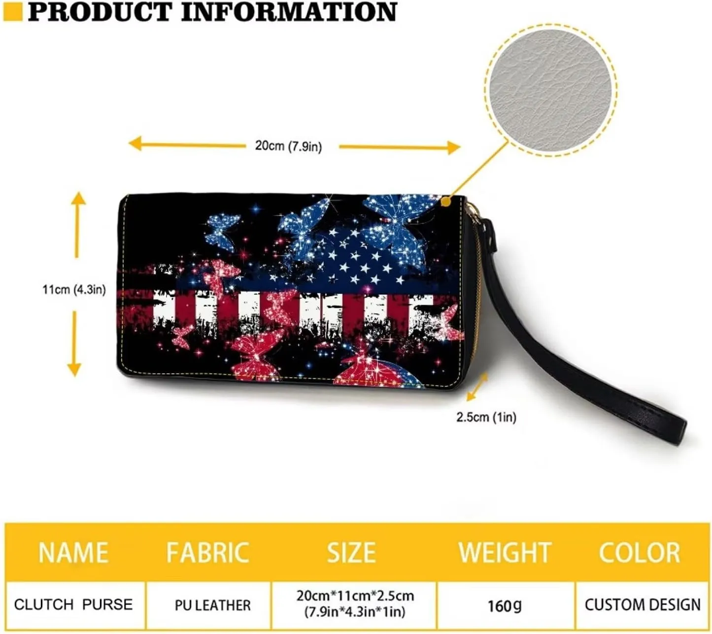 American Flag Butterfly Wallet for Womens Long Style PU Leather Zipper Long Purse PU Leather Wristlet Clutch Bag