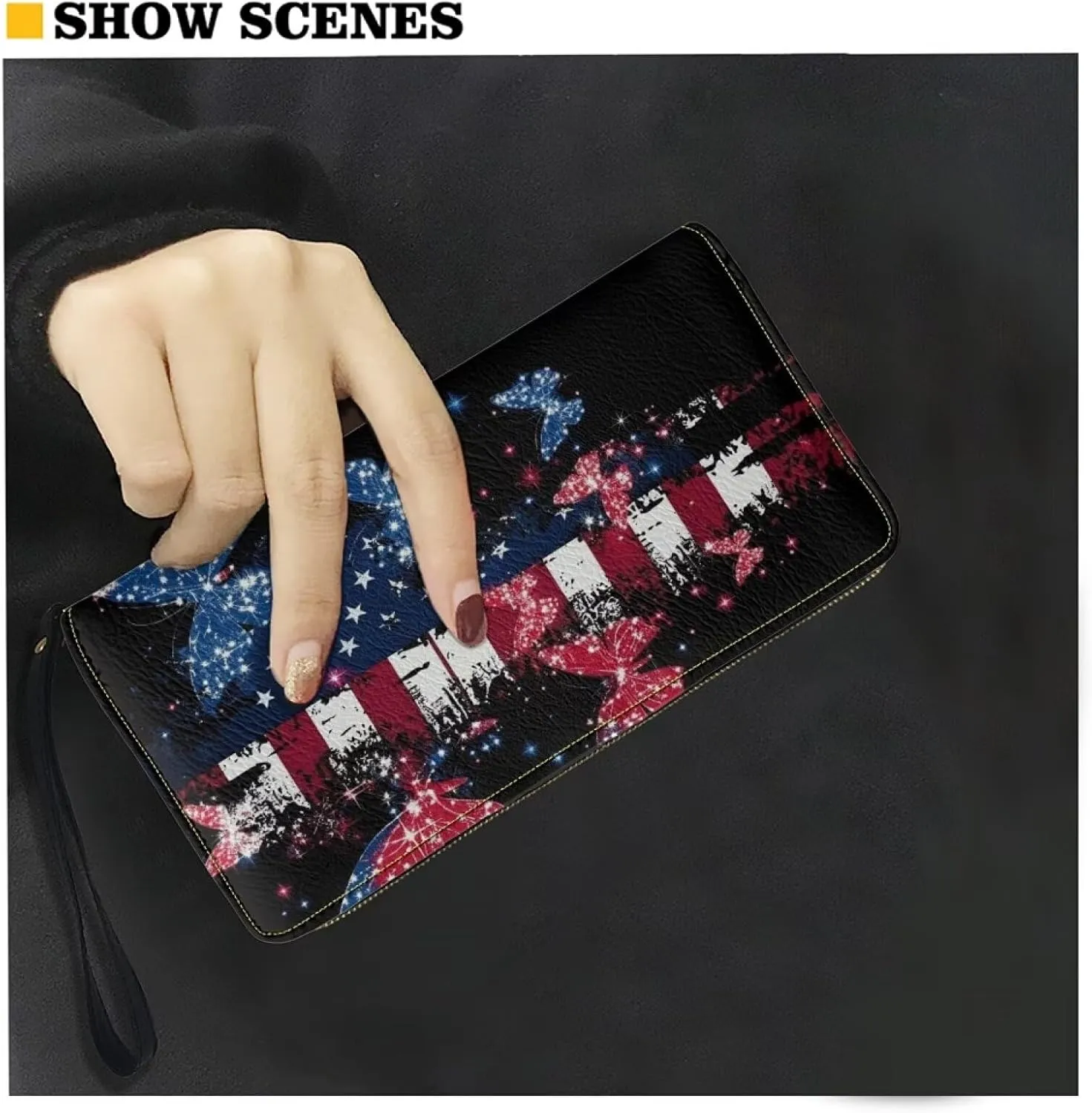 American Flag Butterfly Wallet for Womens Long Style PU Leather Zipper Long Purse PU Leather Wristlet Clutch Bag
