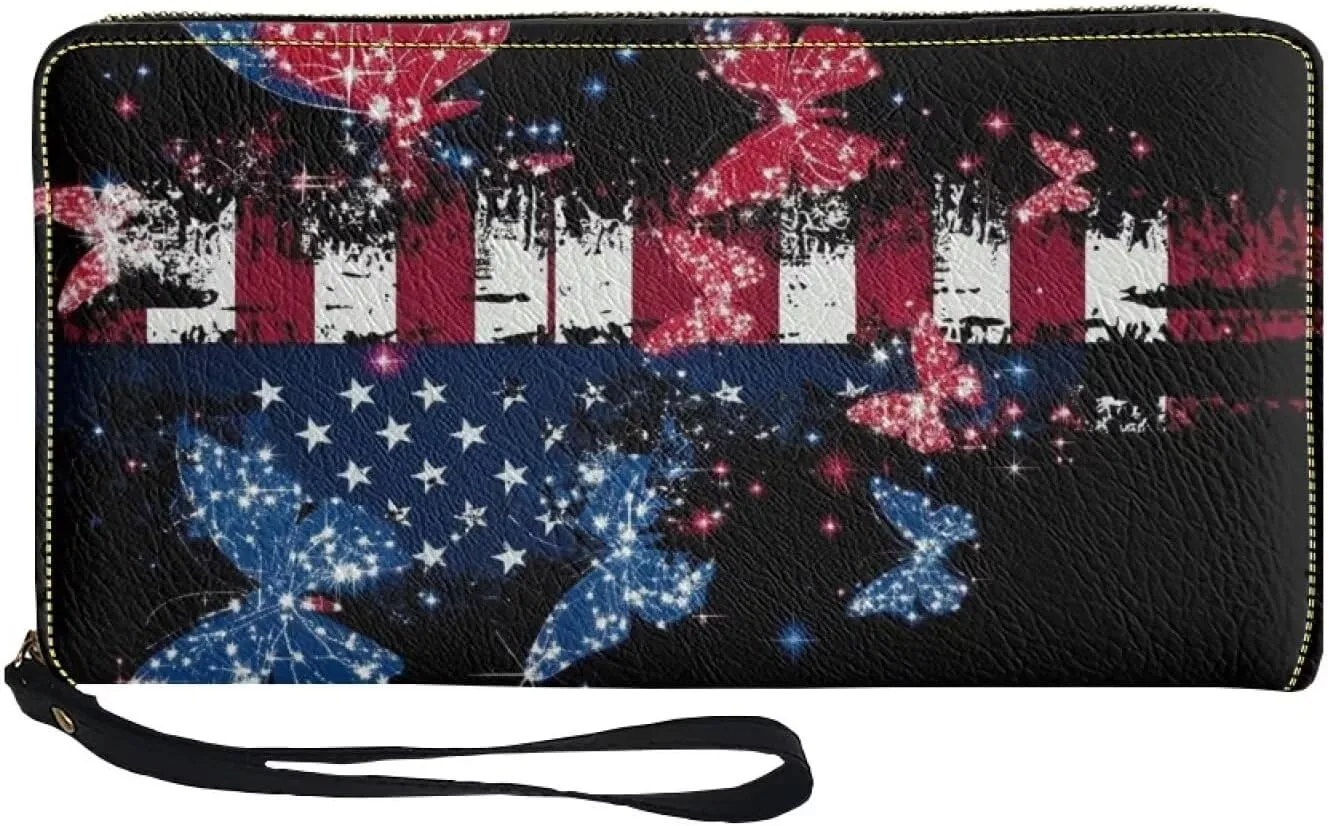 American Flag Butterfly Wallet for Womens Long Style PU Leather Zipper Long Purse PU Leather Wristlet Clutch Bag