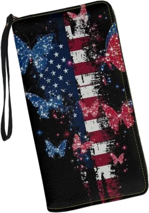 American Flag Butterfly Wallet for Womens Long Style PU Leather Zipper Long Purse PU Leather Wristlet Clutch Bag