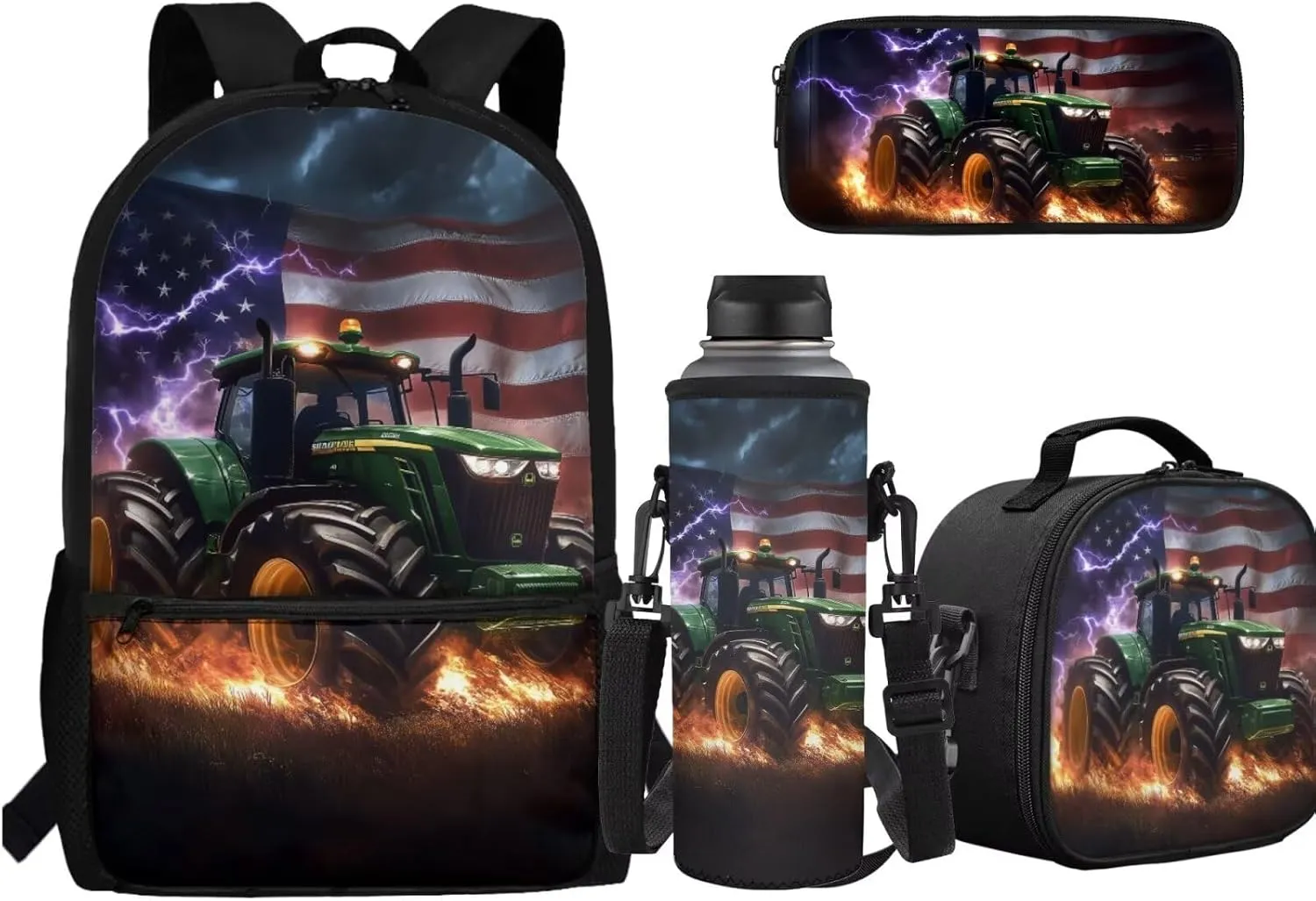 American Flag Tractor Kids School Bag for Boys Backpack with Lunch Box and Water Bottle Holder Pencil Case Girls Elementary Student Bookbag Casual Daypack for Travel Picnic Hiking Set 4 in 1