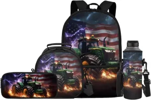 American Flag Tractor Kids School Bag for Boys Backpack with Lunch Box and Water Bottle Holder Pencil Case Girls Elementary Student Bookbag Casual Daypack for Travel Picnic Hiking Set 4 in 1