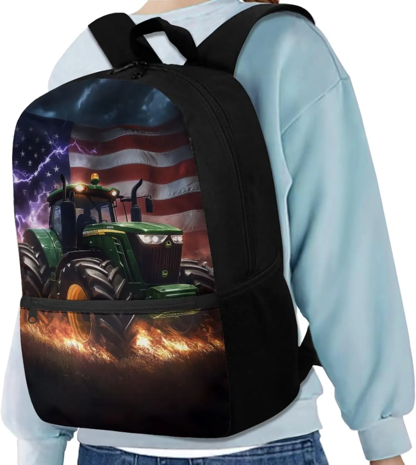 American Flag Tractor Kids School Bag for Boys Backpack with Lunch Box and Water Bottle Holder Pencil Case Girls Elementary Student Bookbag Casual Daypack for Travel Picnic Hiking Set 4 in 1