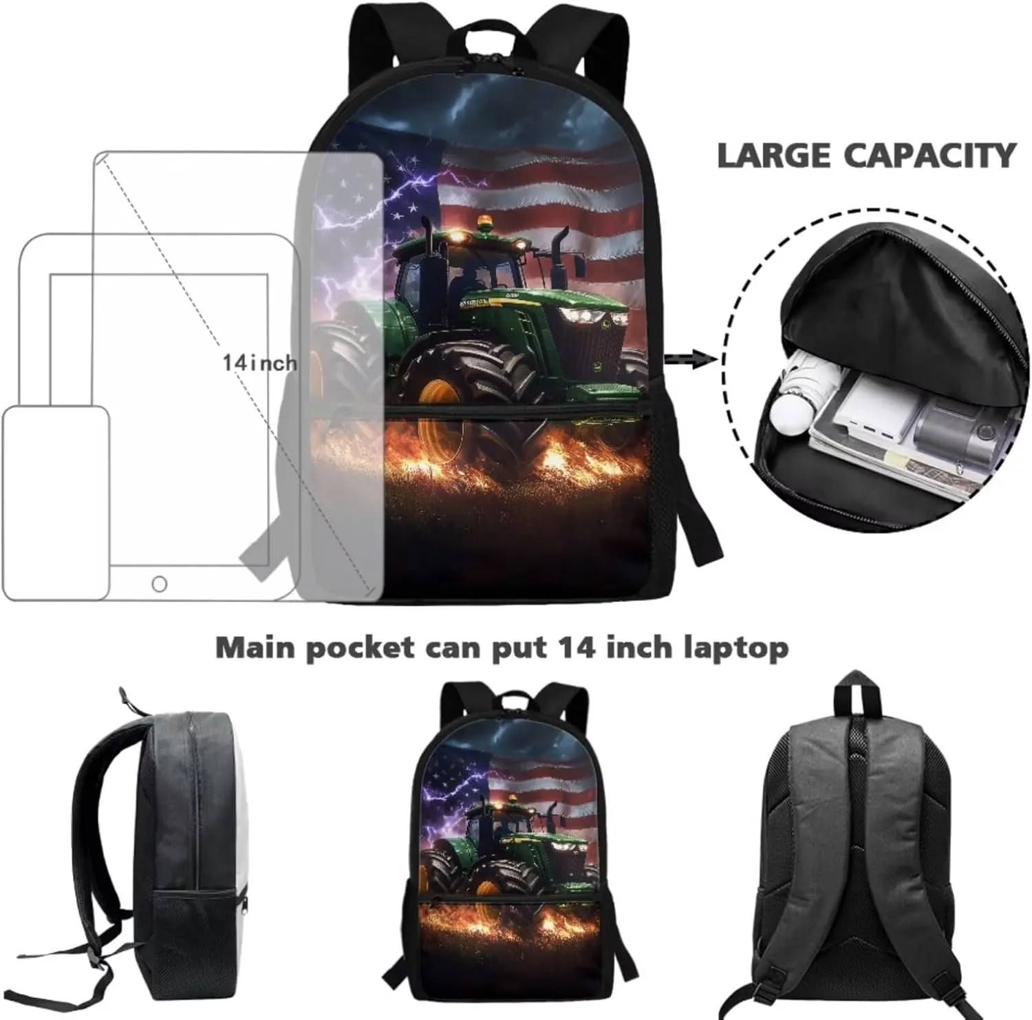 American Flag Tractor Kids School Bag for Boys Backpack with Lunch Box and Water Bottle Holder Pencil Case Girls Elementary Student Bookbag Casual Daypack for Travel Picnic Hiking Set 4 in 1