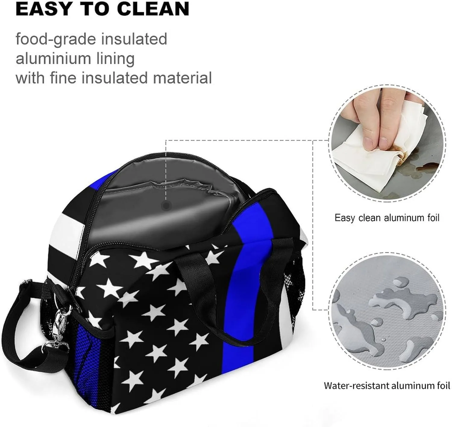 American Thin Blue Line Flag Adjustable Shoulder Strap Insulated And Leak Proof Premium Lunch Bag Unisex