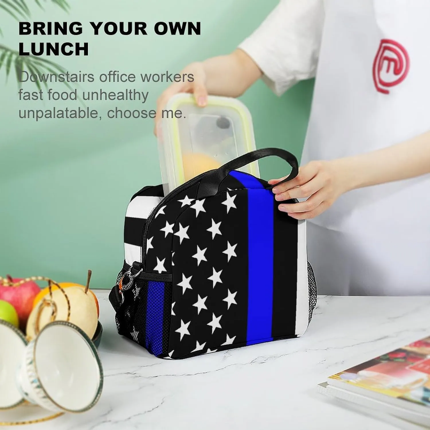 American Thin Blue Line Flag Adjustable Shoulder Strap Insulated And Leak Proof Premium Lunch Bag Unisex