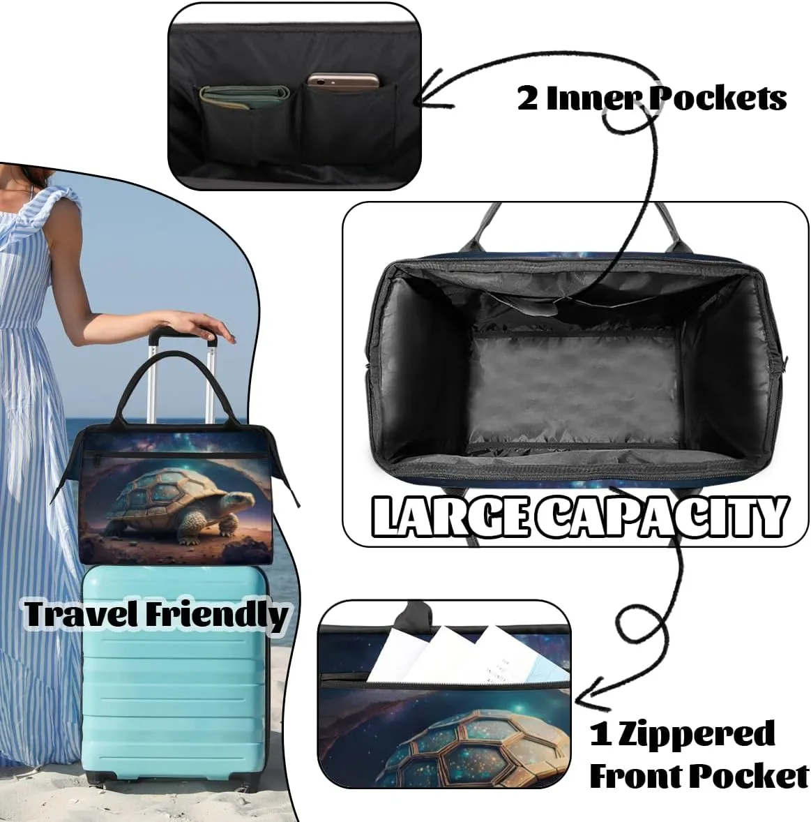 Ancient Space Tortoise Travel Duffle Bag, Waterproof Duffel Bag Weekender Overnight Carry On Bag Lightweight Sport Gym Bag for Men Women