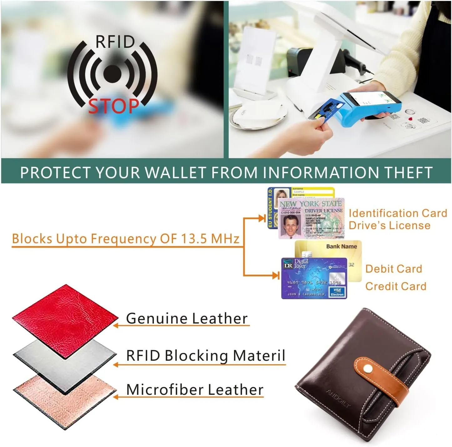 ANDOILT Wallets for Women Genuine Leather Small Bifold Wallet RFID Blocking Card Case Purse with ID Window Coin Pocket