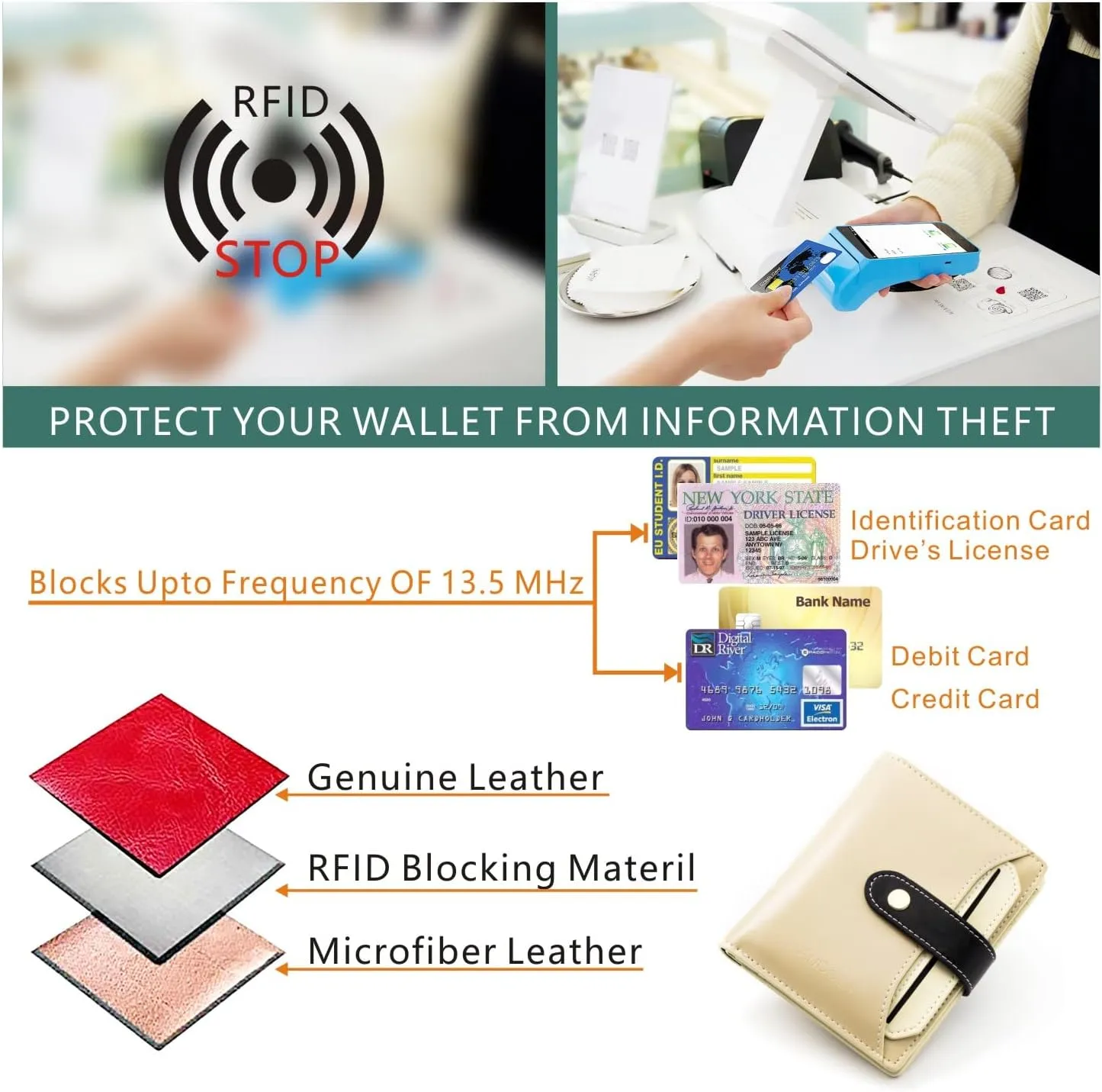 ANDOILT Wallets for Women Genuine Leather Small Bifold Wallet RFID Blocking Card Case Purse with ID Window Coin Pocket