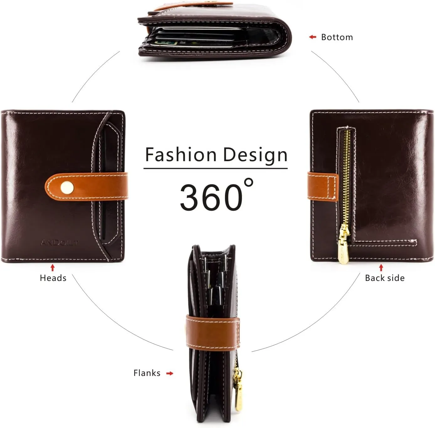 ANDOILT Wallets for Women Genuine Leather Small Bifold Wallet RFID Blocking Card Case Purse with ID Window Coin Pocket