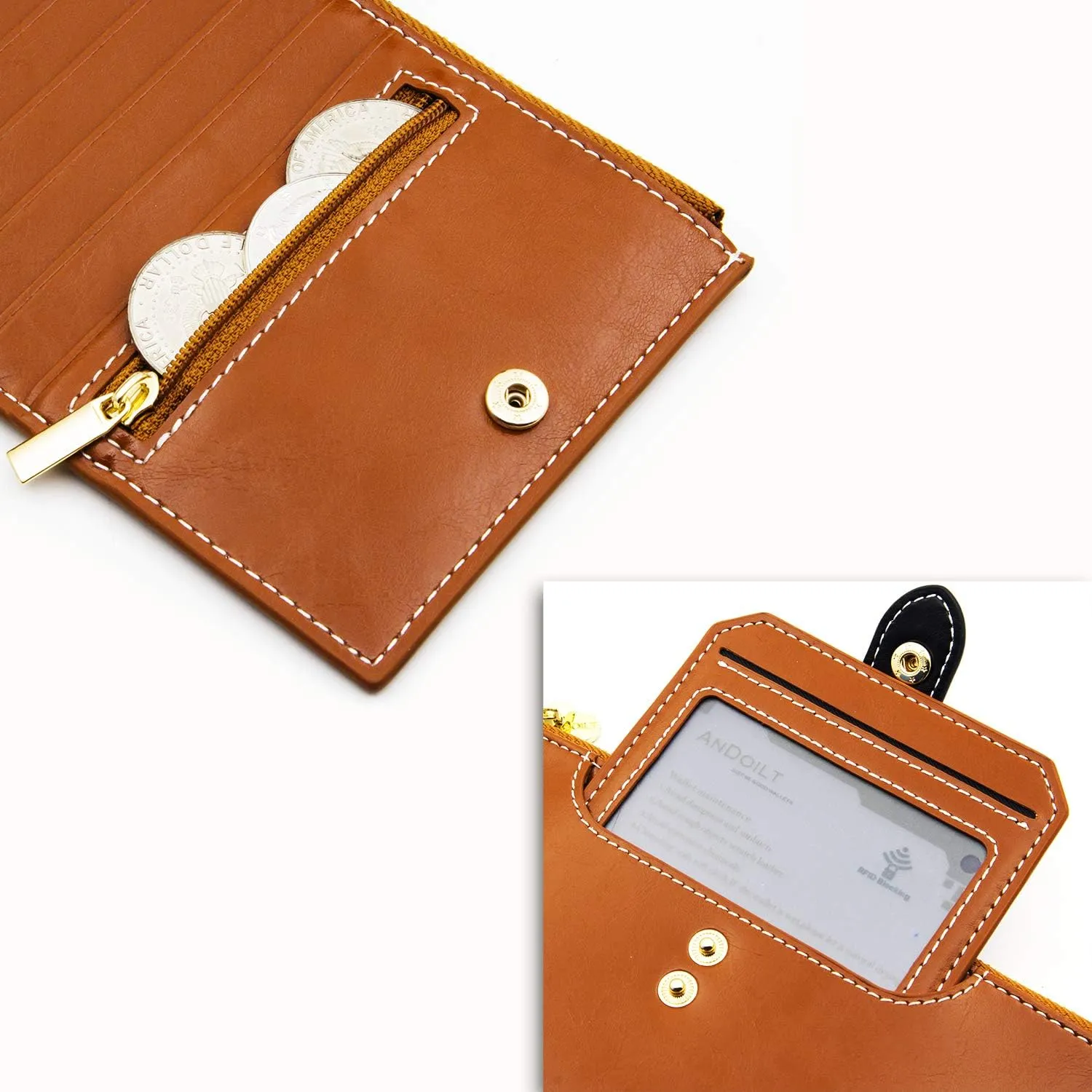 ANDOILT Wallets for Women Genuine Leather Wallet RFID Blocking Bifold Multi Card Case Purse with Zipper Pocket Handbag