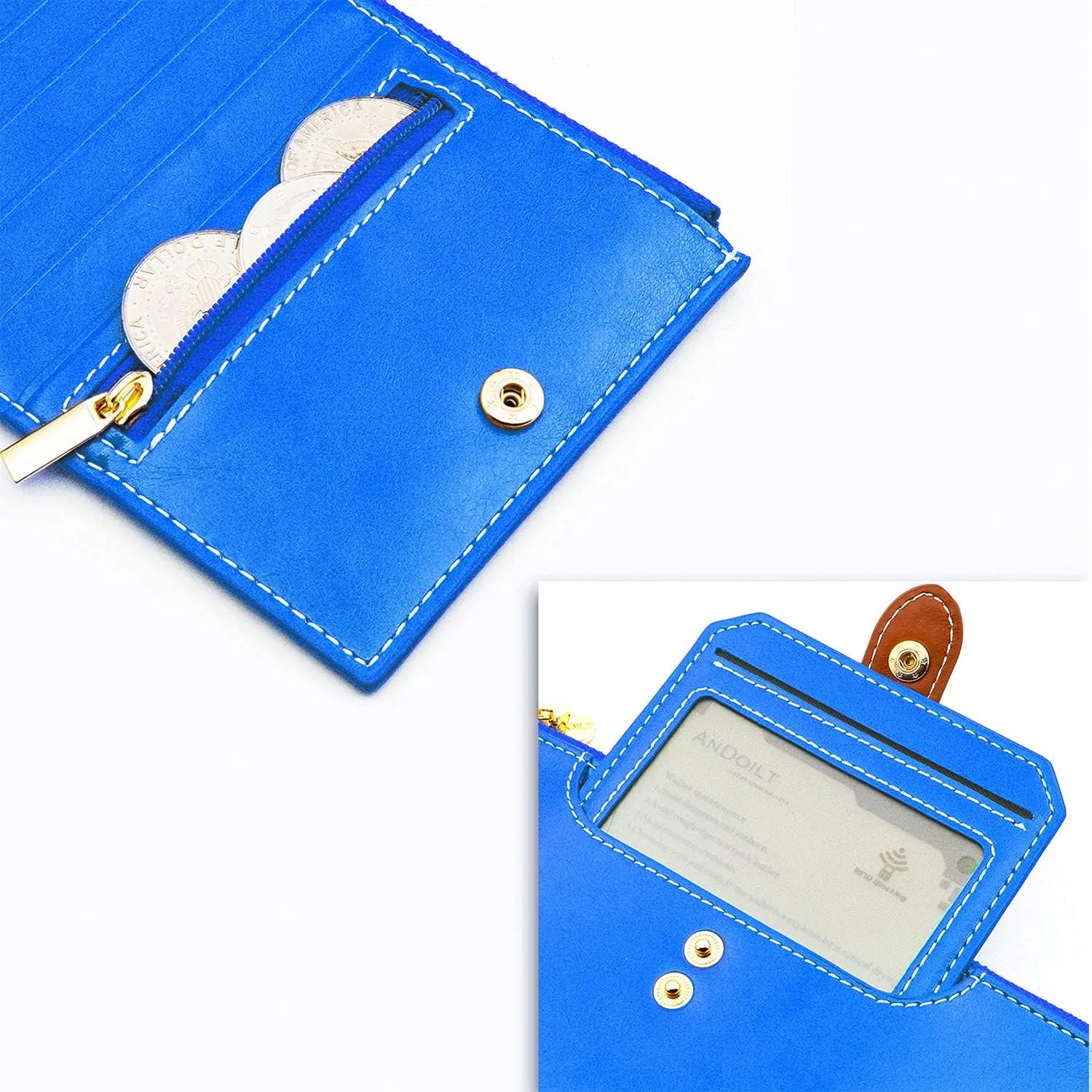 ANDOILT Wallets for Women Genuine Leather Wallet RFID Blocking Bifold Multi Card Case Purse with Zipper Pocket Handbag