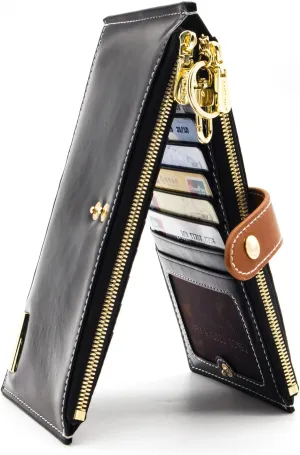 ANDOILT Wallets for Women Genuine Leather Wallet RFID Blocking Bifold Multi Card Case Purse Zipper Pocket with Keychain Black