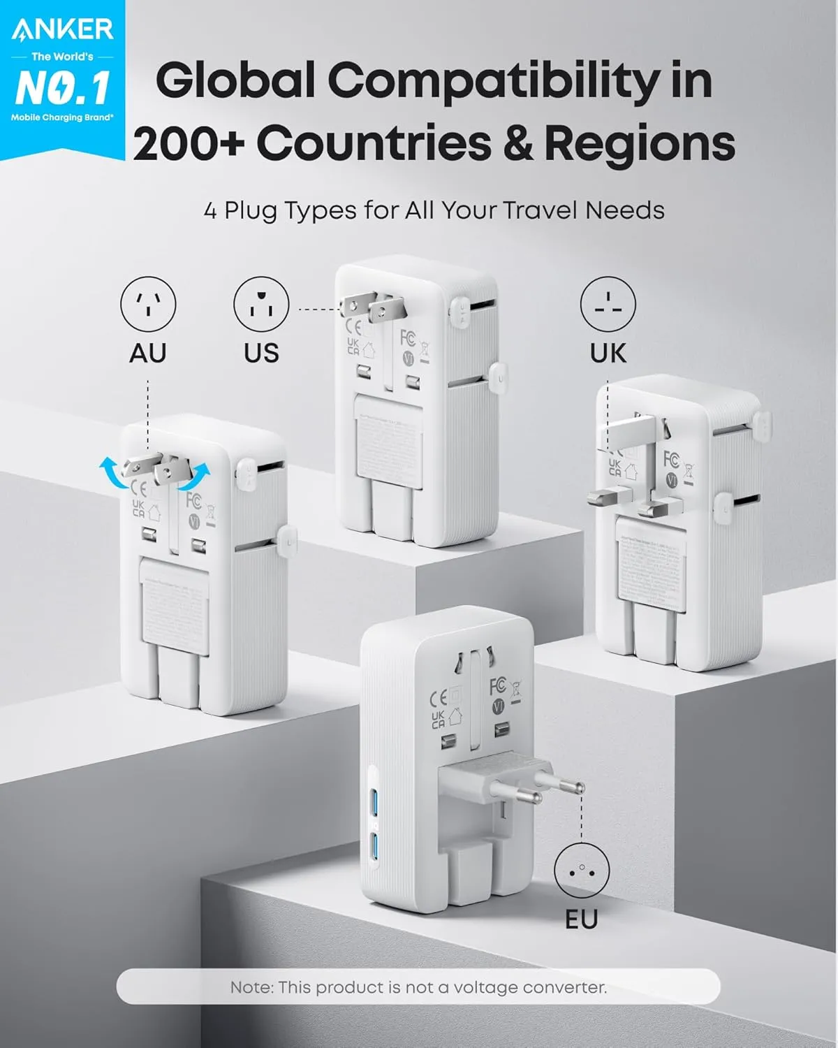 Anker Nano Travel Adapter, 5-Port Power Adapter with 1 AC, 2 USB-A, and 2 USB-C Ports, Smart Temperature Control, Compatible with Over 200 Countries, Ideal for Travel (1-Pack) (White)