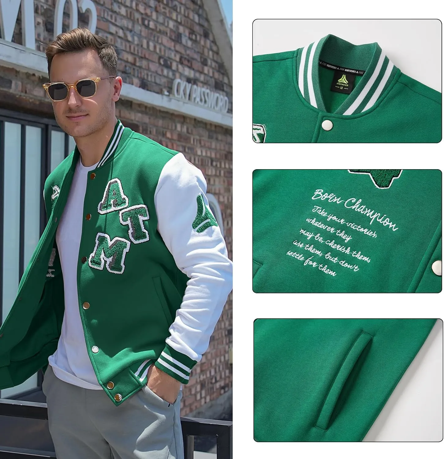ANOTWENER Men's Varsity Jacket Vintage Baseball Button Jackets Long Sleeve with Letters Casual Coats for Men