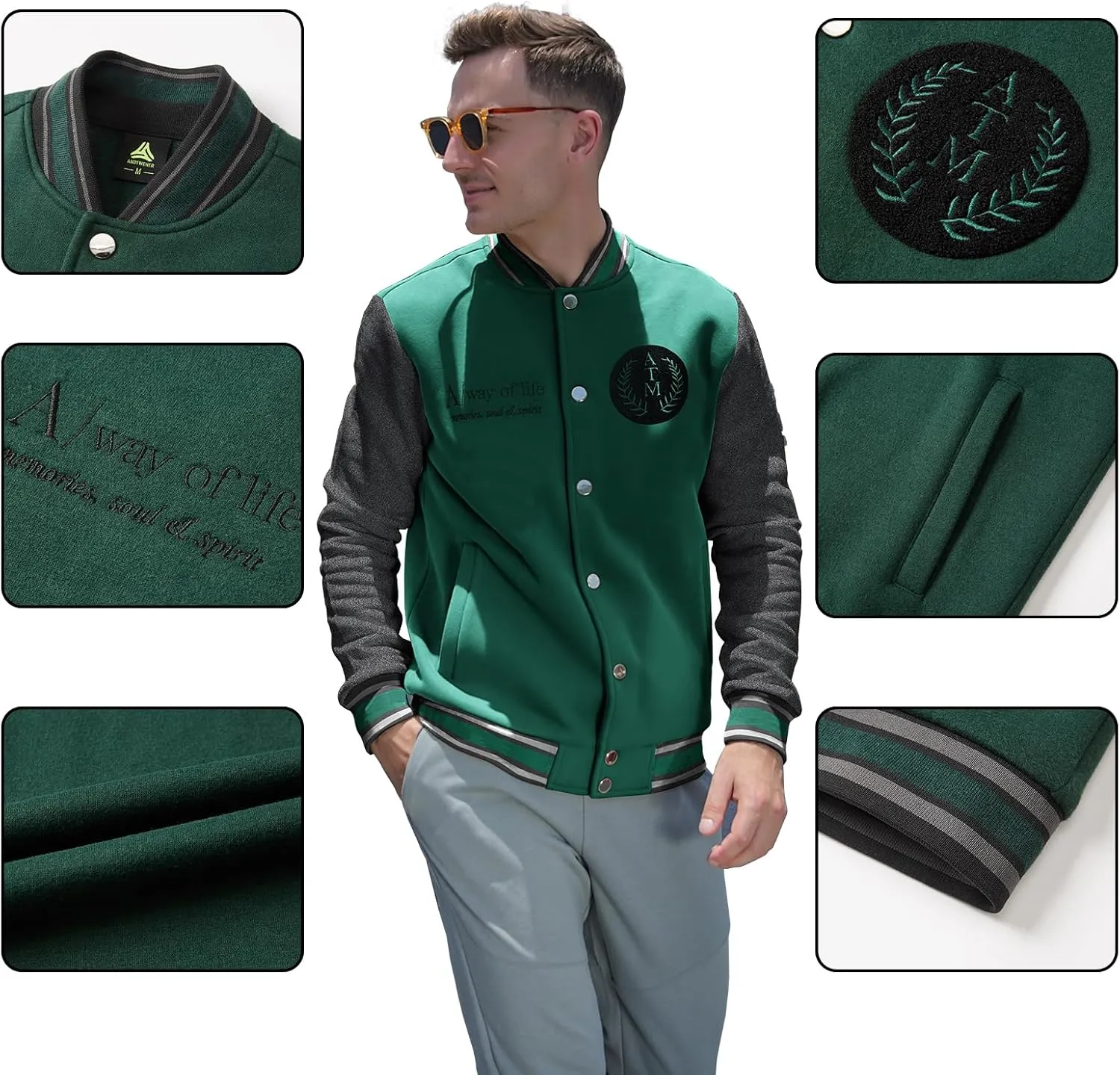 ANOTWENER Men's Varsity Jacket Vintage Baseball Button Jackets Long Sleeve with Letters Casual Coats for Men