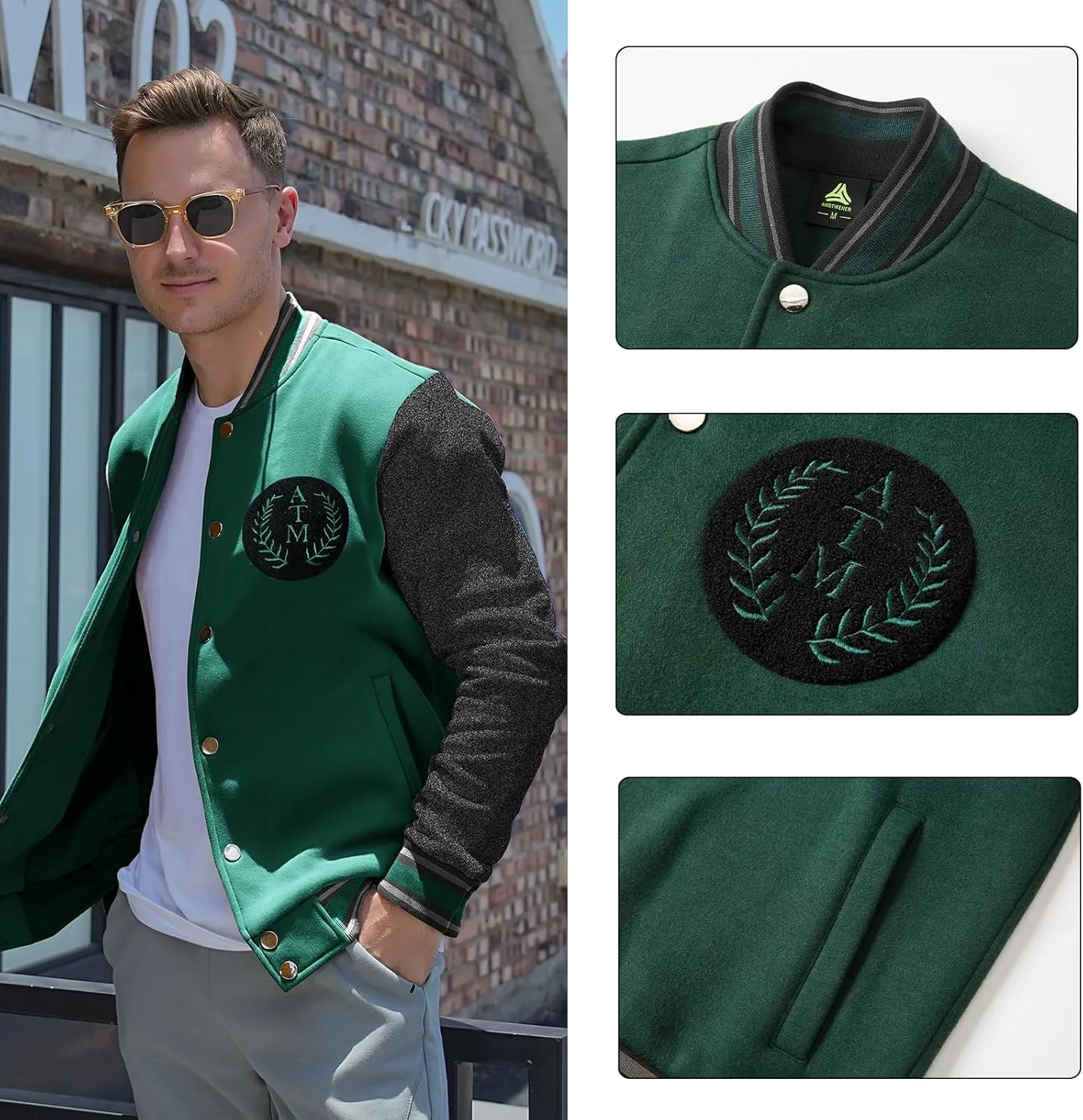 ANOTWENER Men's Varsity Jacket Vintage Baseball Button Jackets Long Sleeve with Letters Casual Coats for Men
