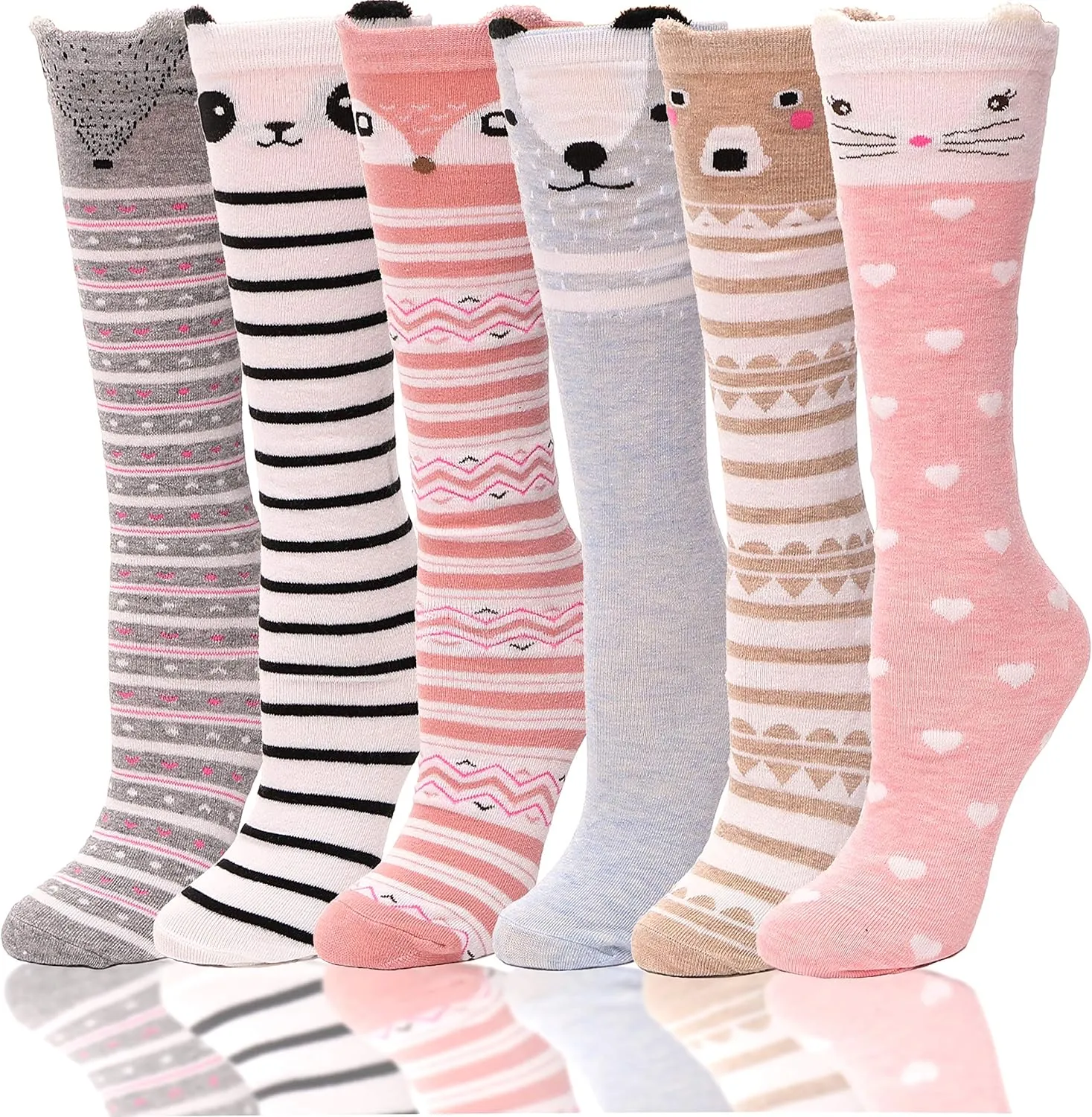 ANTSANG Kids Girls Knee High Socks Long Boot Crazy Silly Fun Gift Cute Tall Animal Socks for Child 6 Pairs Stocking Stuffers Gifts for 10 Year Old Girls Birthday Gifts Ideas(Light Animals)