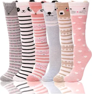 ANTSANG Kids Girls Knee High Socks Long Boot Crazy Silly Fun Gift Cute Tall Animal Socks for Child 6 Pairs Stocking Stuffers Gifts for 10 Year Old Girls Birthday Gifts Ideas(Light Animals)