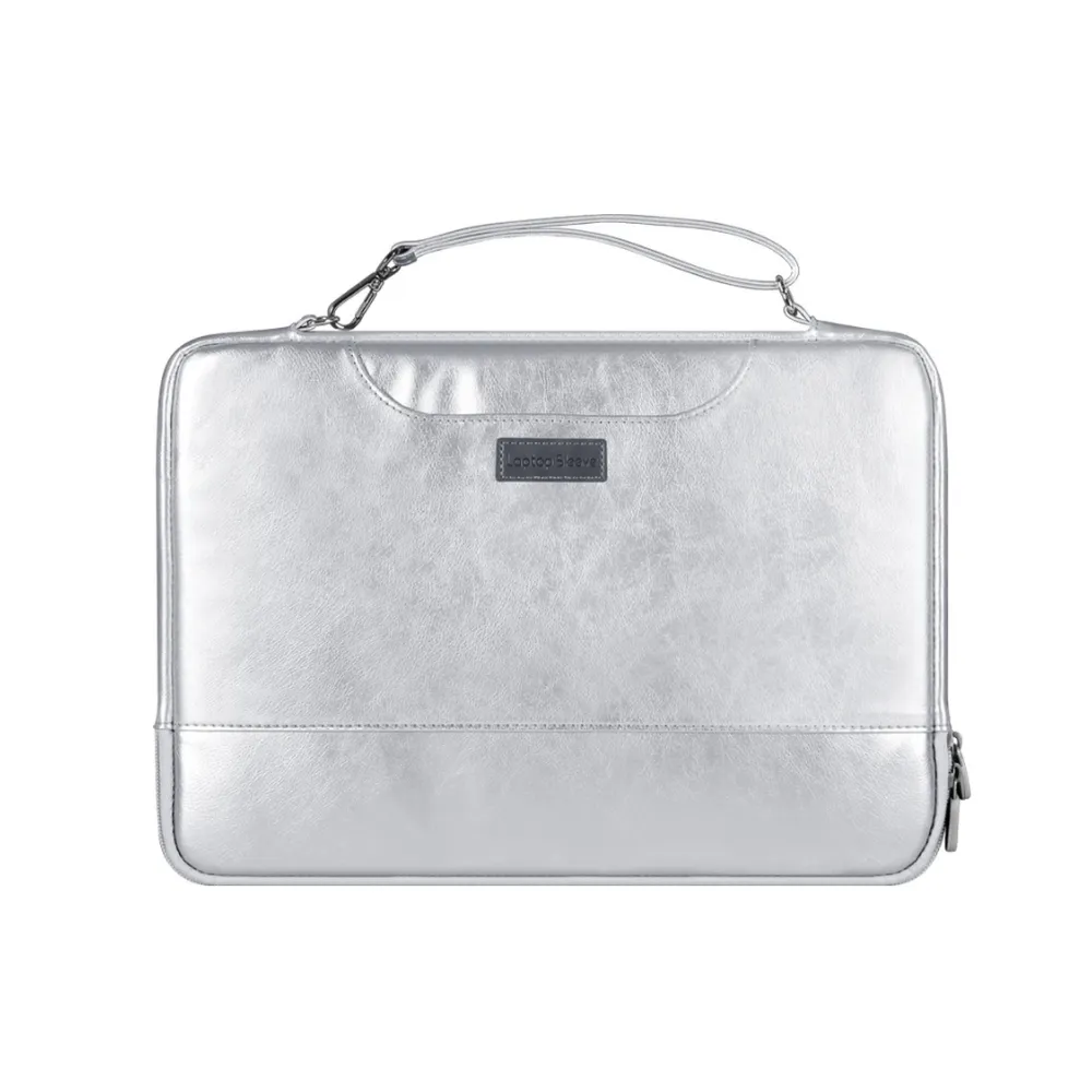 ANYPACK Laptop Handbag Silver Vegan Leather Sleek Protector Durable Lightweight For Travel And Work