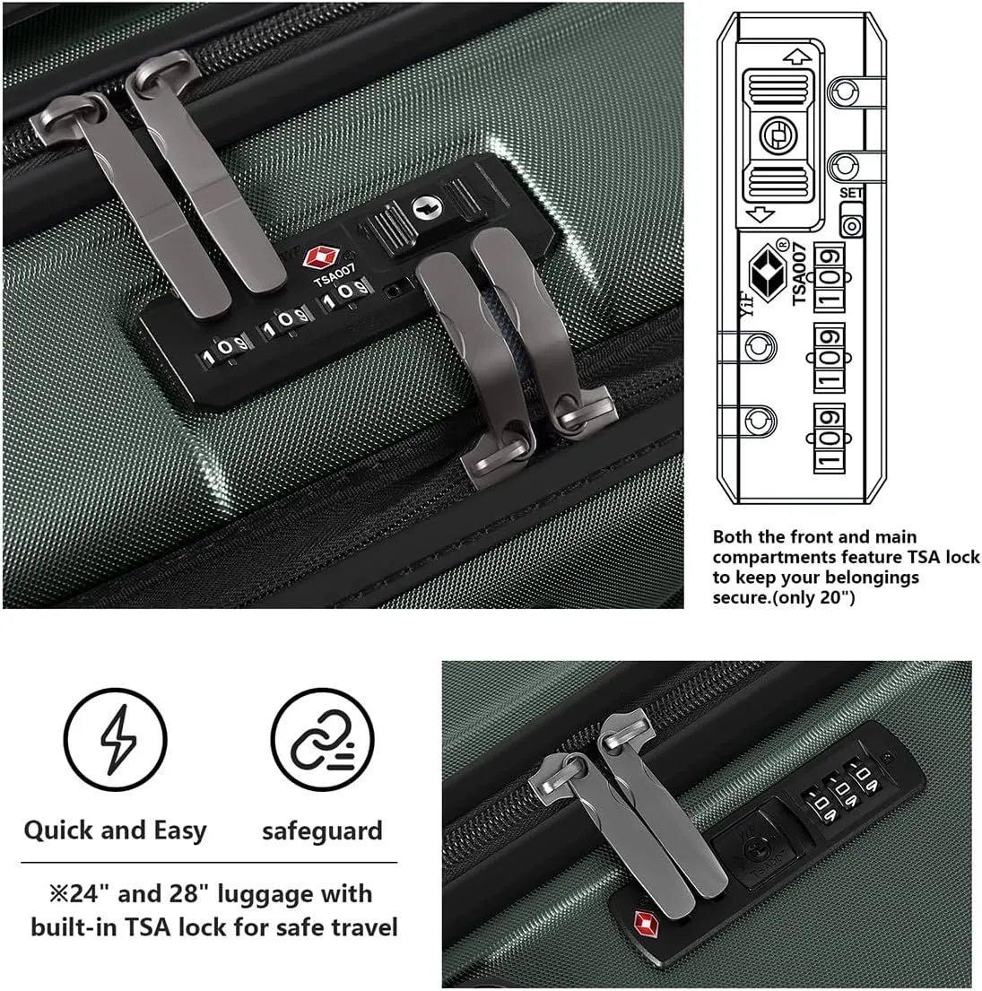 AnyZip Luggage Suitcases with Spinner Wheels PC ABS Hardshell TSA Lock Checked Luggage 24Inch Darkgreen