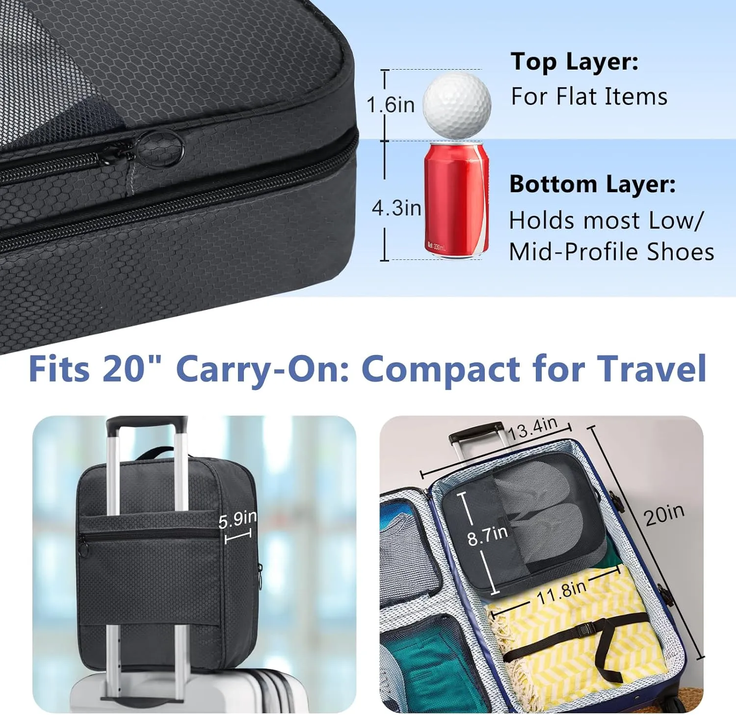 Aosbos 2 Layers Shoe Bags for Travel with Trolley Sleeve Portable Shoe Storage Pouch Shoe Packing Cubes with Structure, Honeycomb Grey