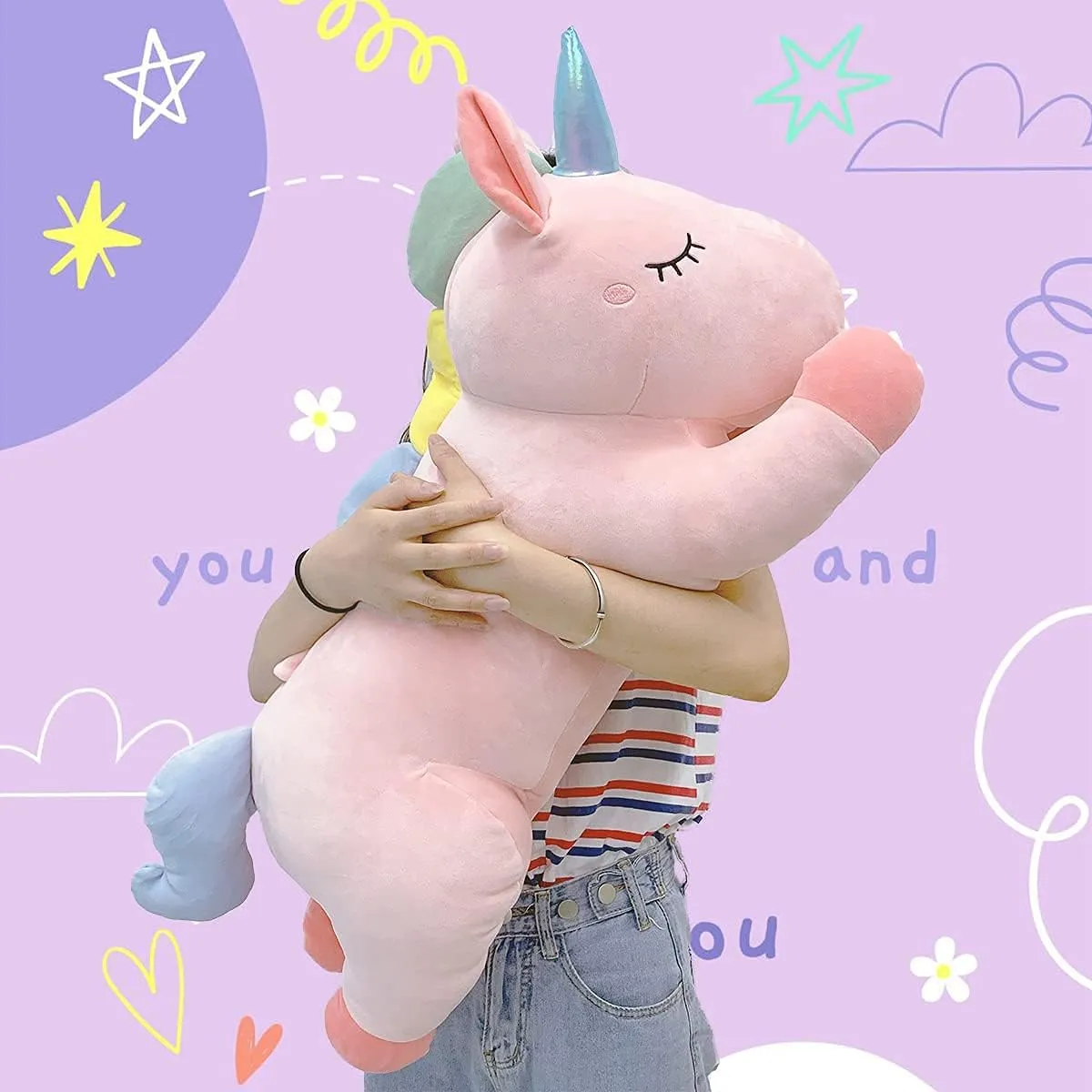ARELUX 32in Cute Pink Giant Unicorn Stuffed Animals Plush:Soft Huggable Animal Unicorn Hugging Pillow, Big Unicorn Body Plushie,Large Unicorn Room Decor Friends Family Member