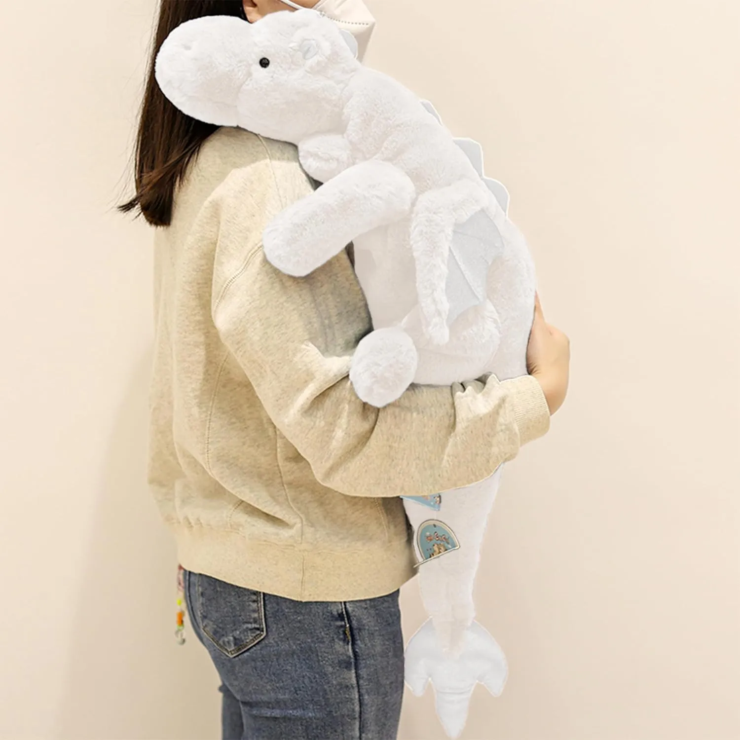 ARELUX Large 37in Cute Dragon Stuffed Animals Plush Toy Soft White Pterosaur Plushie Giant Fuzzy Dinosaur Pillow Plushies with Wings Cuddly for Friends Family Member