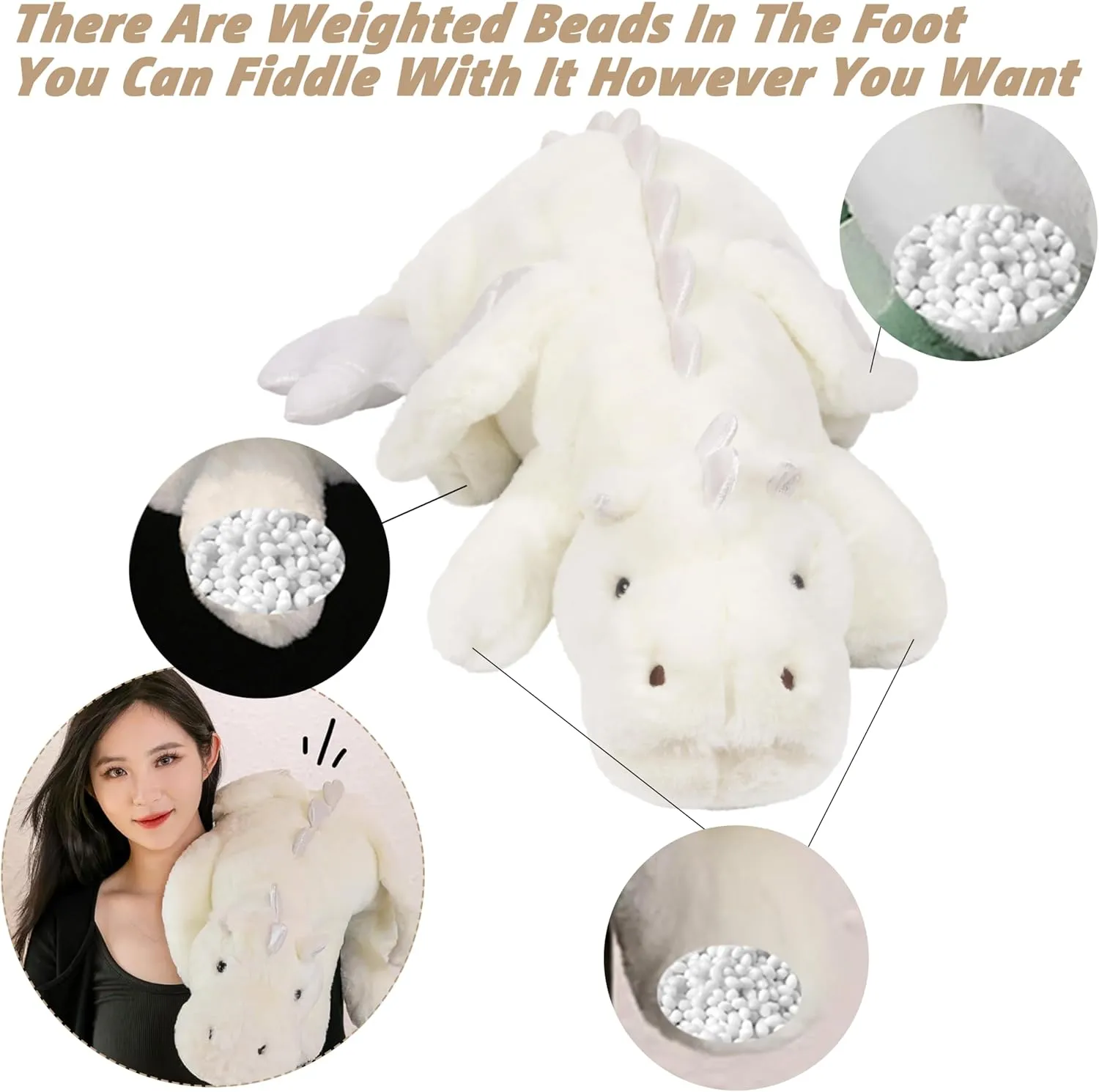 ARELUX Large 37in Cute Dragon Stuffed Animals Plush Toy Soft White Pterosaur Plushie Giant Fuzzy Dinosaur Pillow Plushies with Wings Cuddly for Friends Family Member