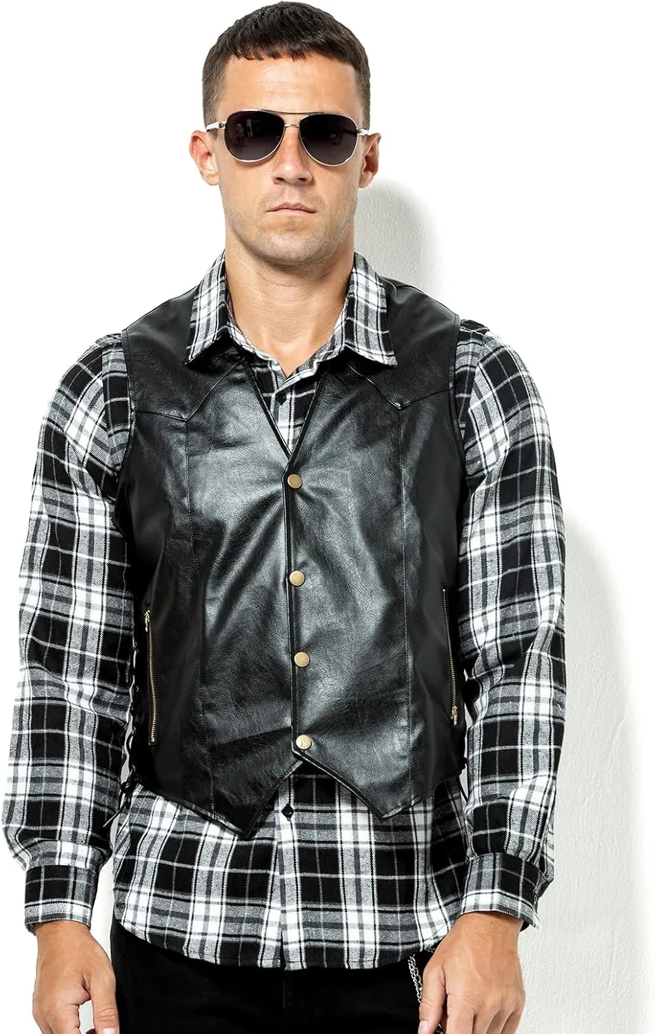 Arjen Kroos Men's Leather Vest With Concealed Pocket Adjustable Laces Motorcycle Biker Riders Vest