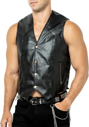 Arjen Kroos Men's Leather Vest With Concealed Pocket Adjustable Laces Motorcycle Biker Riders Vest