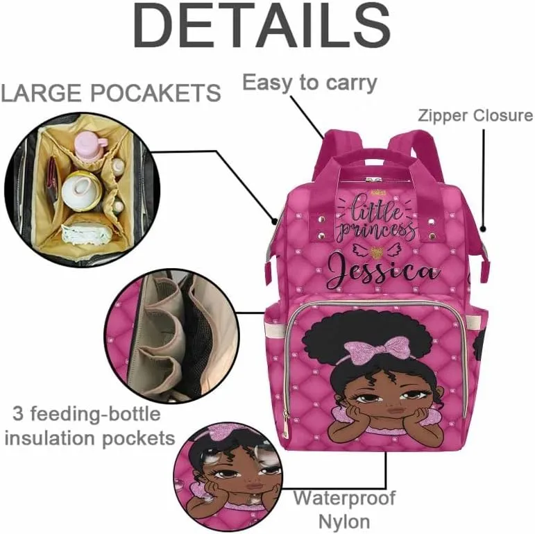 Artsadd Custom Name Diaper Bag Backpack, Personalized Princess Royal Pink Plaid Baby Girl Mommy Nursing Bags Multifunction Waterproof Large Nappy Knapsack for Mom Gifts