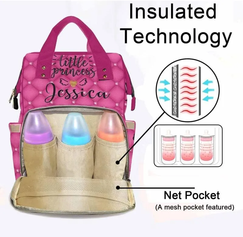 Artsadd Custom Name Diaper Bag Backpack, Personalized Princess Royal Pink Plaid Baby Girl Mommy Nursing Bags Multifunction Waterproof Large Nappy Knapsack for Mom Gifts