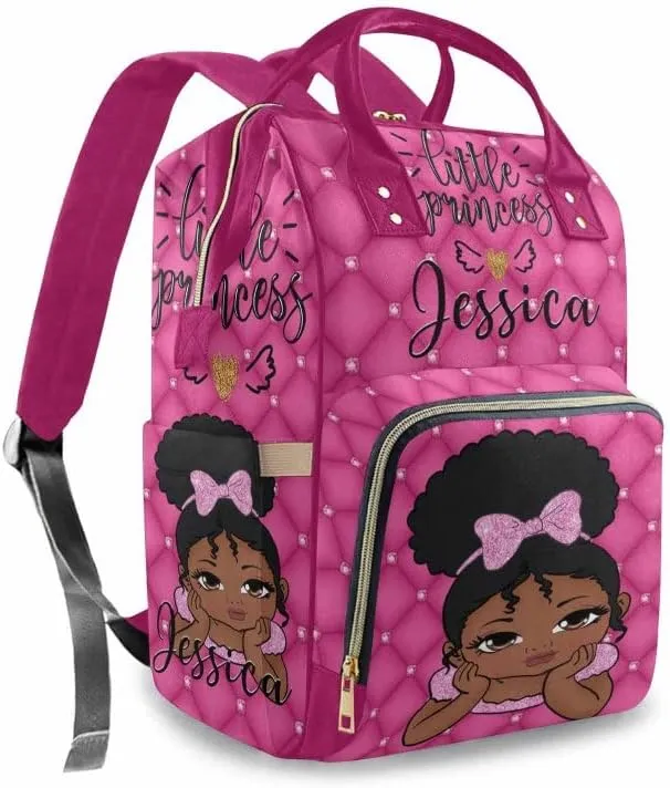 Artsadd Custom Name Diaper Bag Backpack, Personalized Princess Royal Pink Plaid Baby Girl Mommy Nursing Bags Multifunction Waterproof Large Nappy Knapsack for Mom Gifts