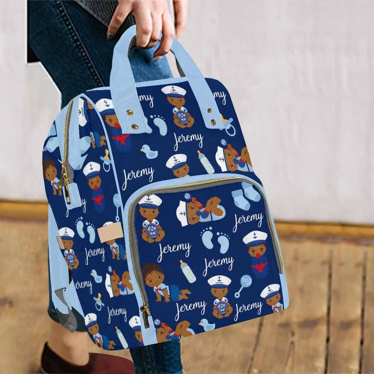 Artsadd Personalized Baby Boys Diaper Bag Backpack, Navy Blue Footprint Nappy Backpack Customized Multifunction Baby Bags Casual Daypack for Men Women