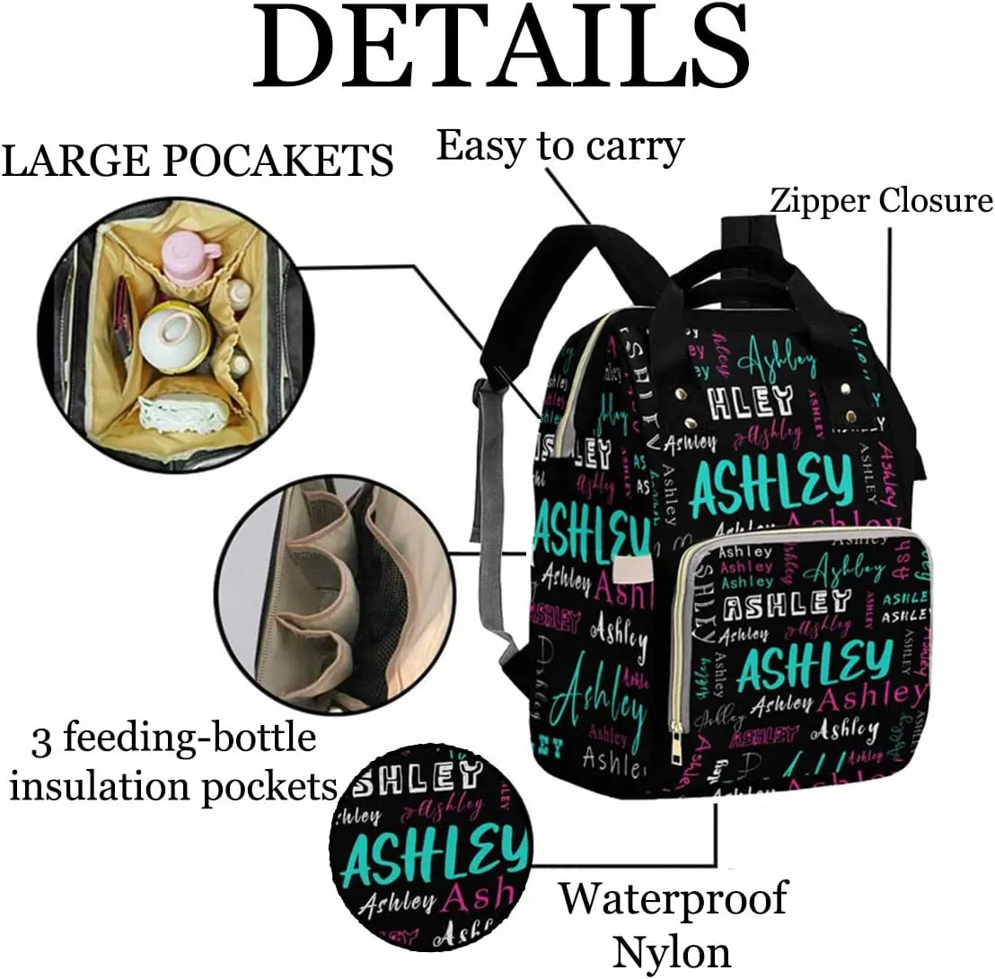 Artsadd Personalized Diaper Bag with Name, Customized Black Signature Nappy Backpack with Thermal Pockets Multi-function Baby Bags Handbag Shoulder Bag for Girls Boys