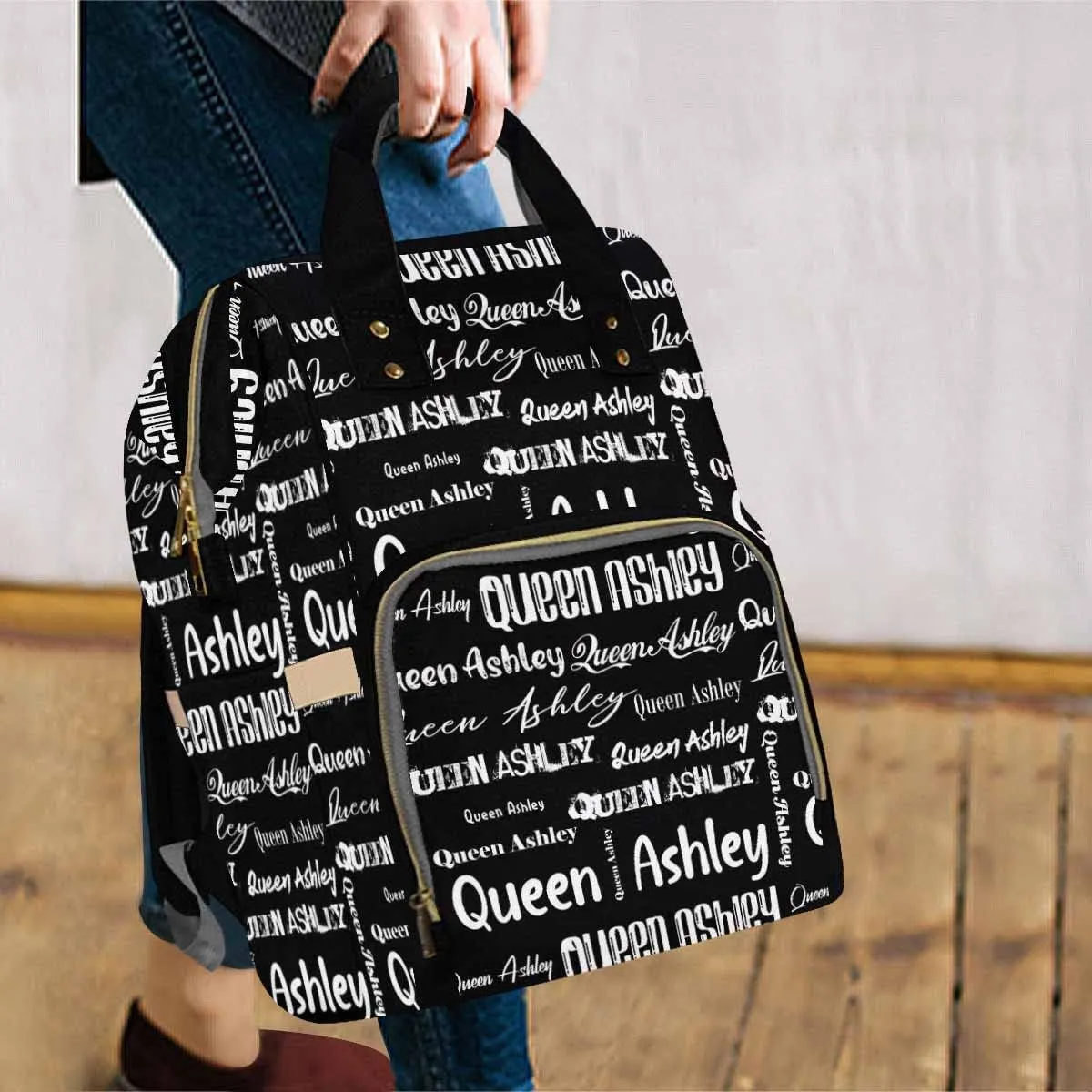 Artsadd Personalized Diaper Bag with Name, Customized Black Signature Nappy Backpack with Thermal Pockets Multi-function Baby Bags Handbag Shoulder Bag for Girls Boys