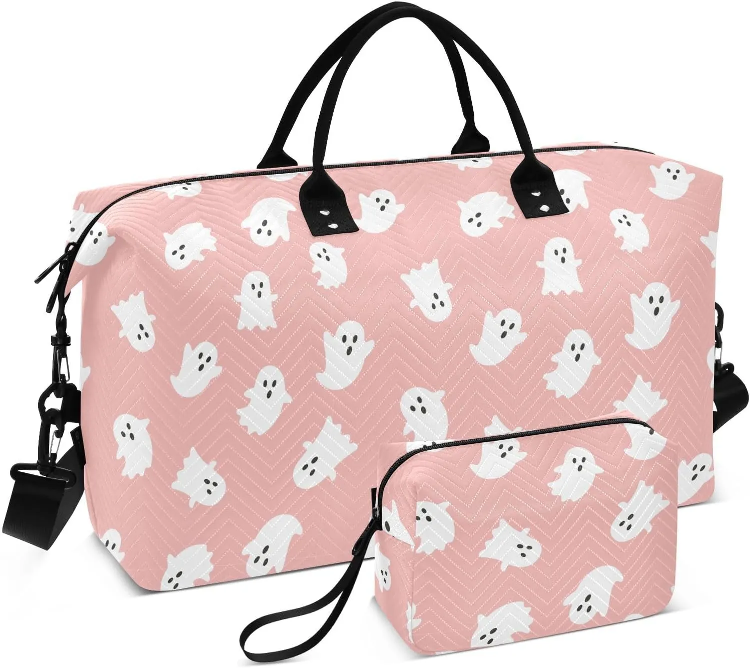 Aslsiy Travel Duffel Bags for Women Cute Halloween White Ghost Sports Duffel Bag Pink Weekender Bags Gym Bag with Toiletry Bag Carry on Overnight Bag
