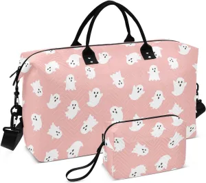 Aslsiy Travel Duffel Bags for Women Cute Halloween White Ghost Sports Duffel Bag Pink Weekender Bags Gym Bag with Toiletry Bag Carry on Overnight Bag