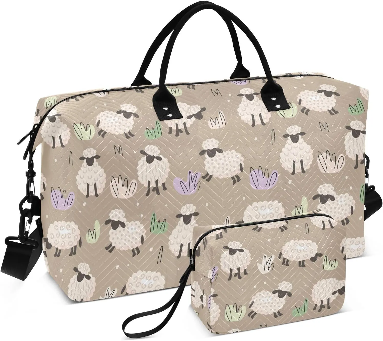 Aslsiy Travel Duffel Bags for Women Cute Sheep on Grass Sport Duffel Bag Brown Weekender Bag Gym Bag with Toiletry Bag Carry on Overnight Bag