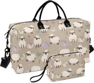 Aslsiy Travel Duffel Bags for Women Cute Sheep on Grass Sport Duffel Bag Brown Weekender Bag Gym Bag with Toiletry Bag Carry on Overnight Bag
