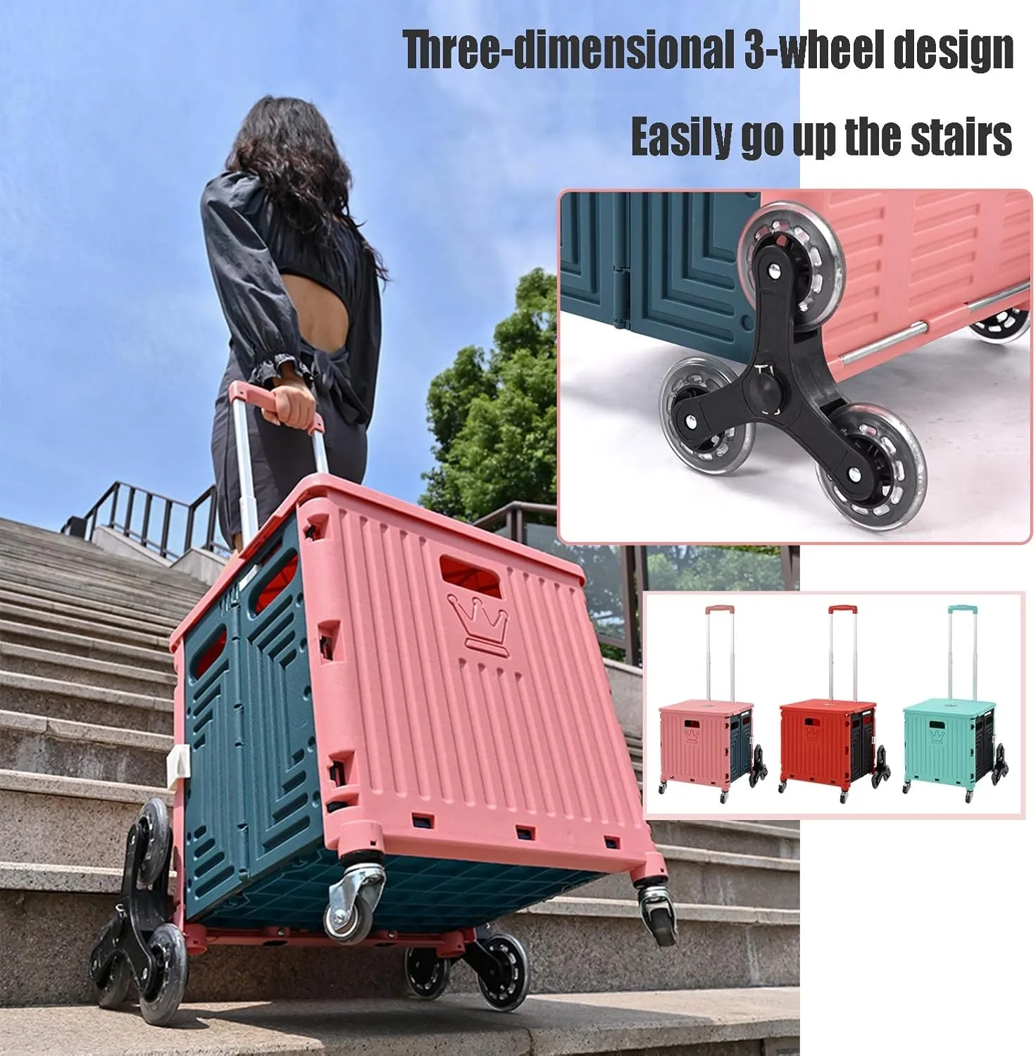 ASN Wheeled Collapsible Handcart Foldable Utility Rolling Cart, Portable Trolley, 35L Folding Utility Cart That Can Climb Stairs, Storage Box with Telescopic Handle, Pink Red Green (Color : Pink)