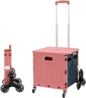 ASN Wheeled Collapsible Handcart Foldable Utility Rolling Cart, Portable Trolley, 35L Folding Utility Cart That Can Climb Stairs, Storage Box with Telescopic Handle, Pink Red Green (Color : Pink)
