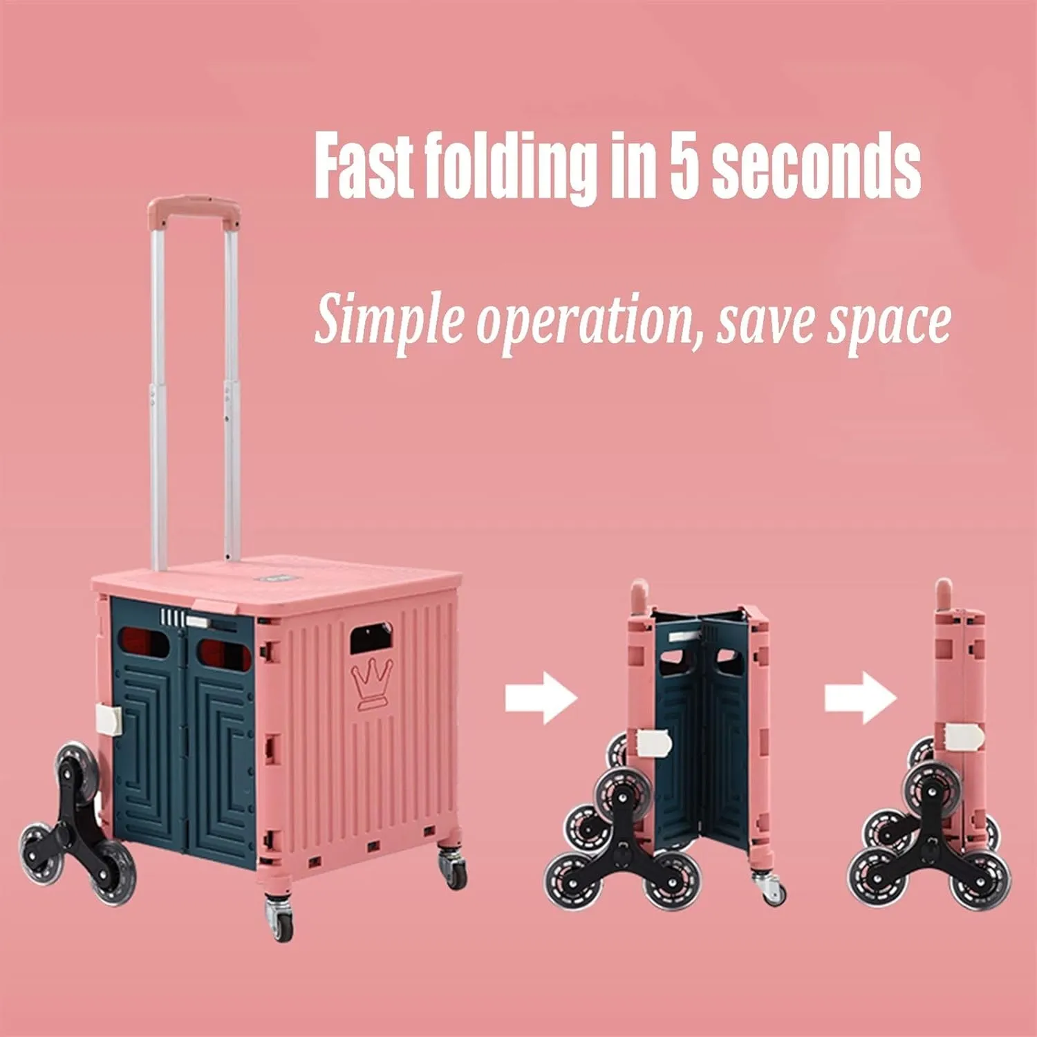 ASN Wheeled Collapsible Handcart Foldable Utility Rolling Cart, Portable Trolley, 35L Folding Utility Cart That Can Climb Stairs, Storage Box with Telescopic Handle, Pink Red Green (Color : Pink)