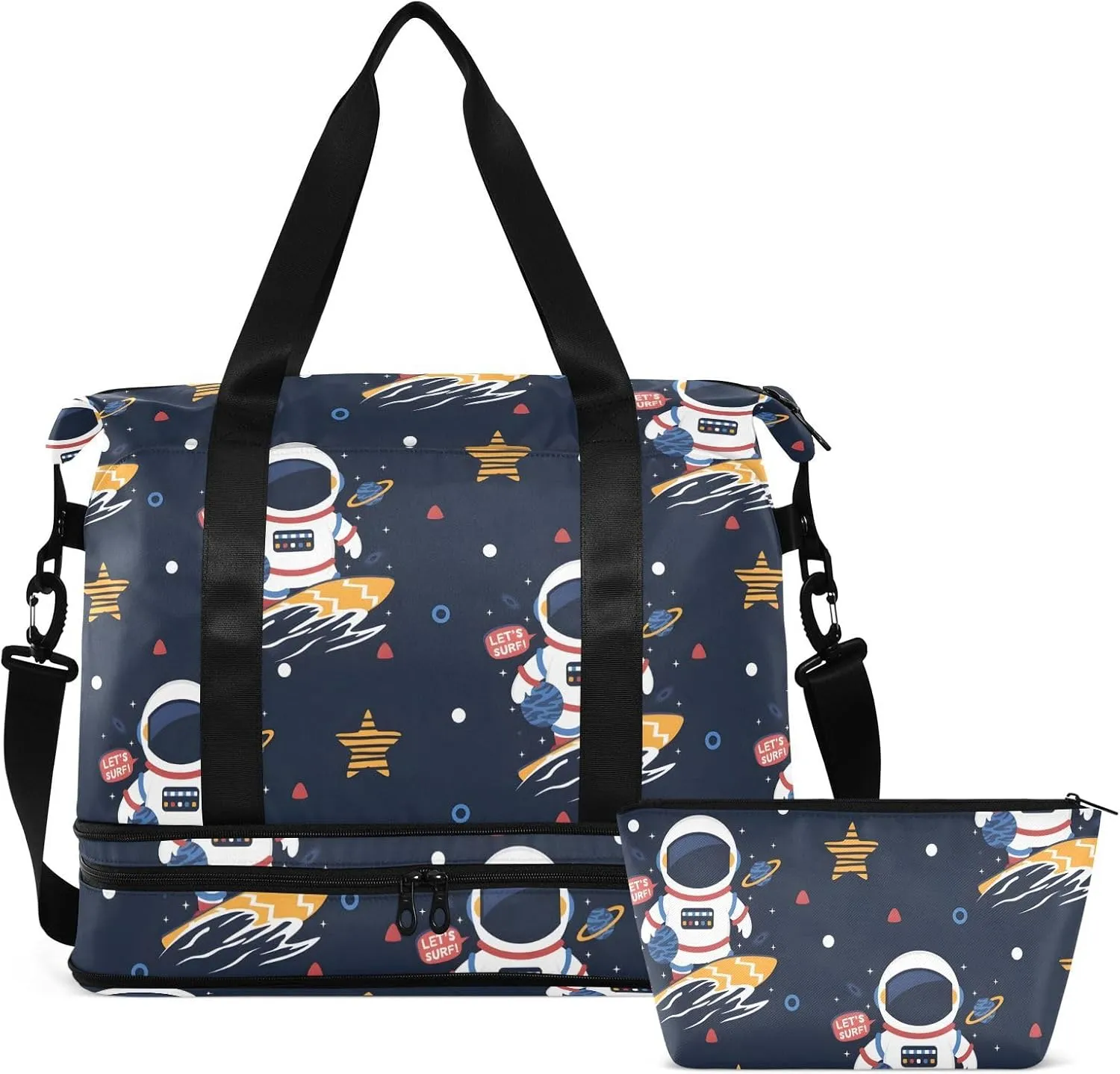 Astronaut Surfing Cartoon Waterproof Weekend Travel Bag with Toiletry Bag Duffel Bags for Women